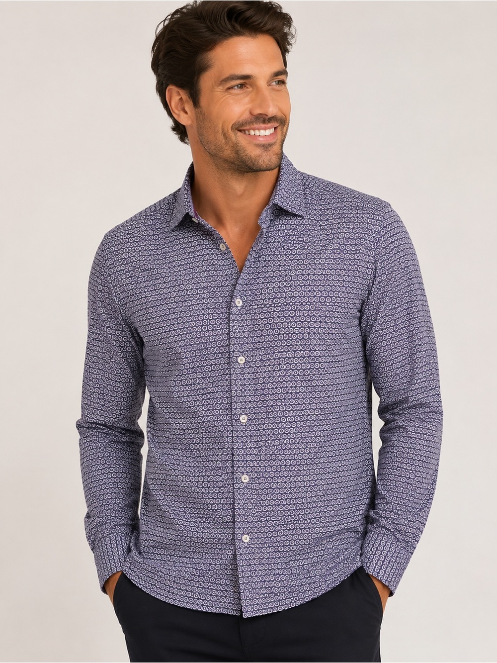 Ted Baker London Men’s Geometric Print Button Down Shirt | Navy Purple - Picture 2 of 8